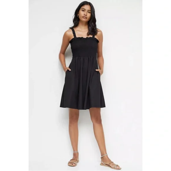 Anthropologie | Dresses | Anthropologie Pinch Smocked Cutout Dress Womens  Small Black Mini Tank Pockets | Poshmark